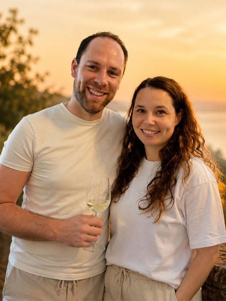 Daniel and Chantal Helmink at a producer estate in Galicia, tasting wine alongside the winemaker